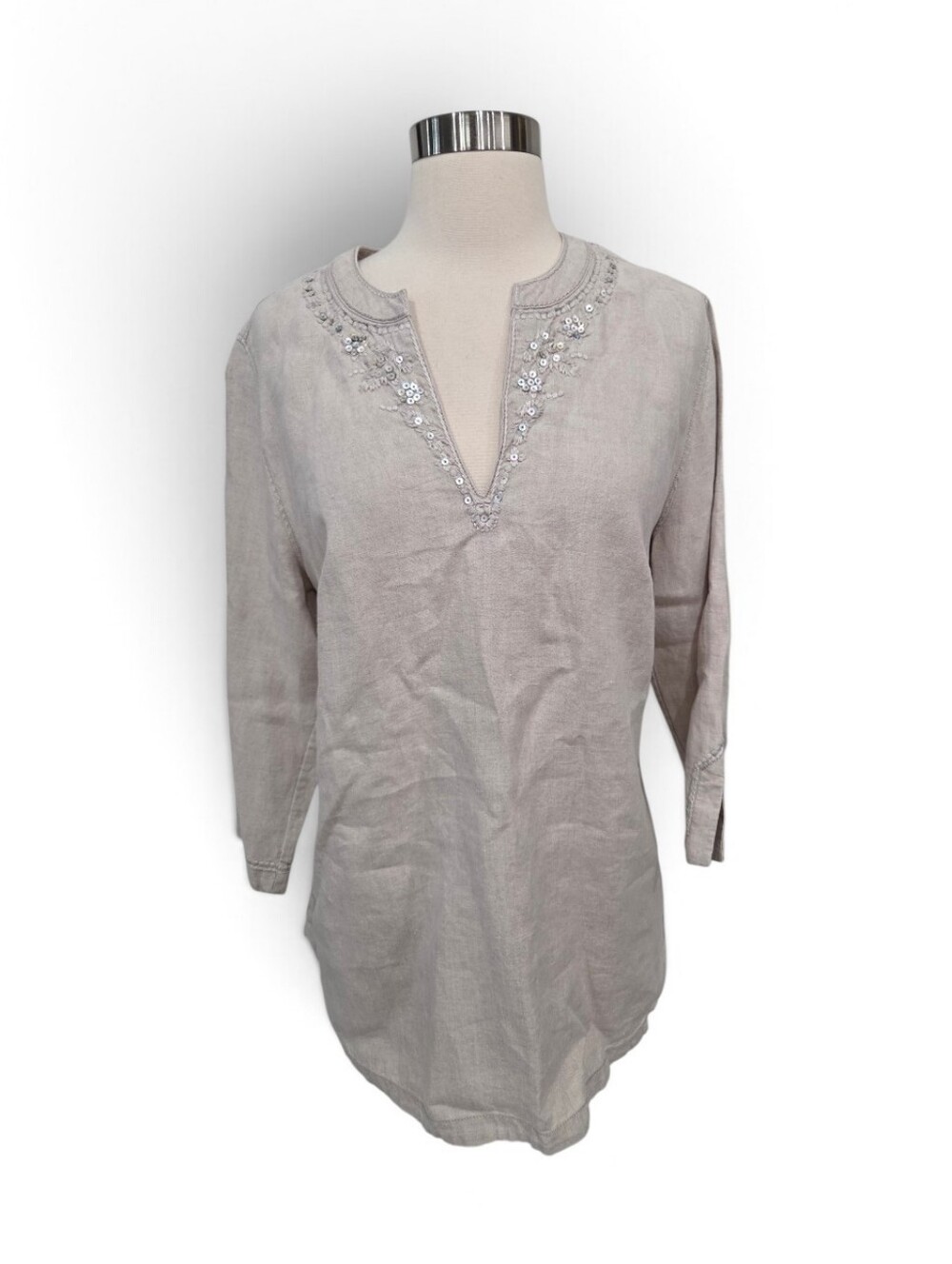 Tommy Bahama Embroidered V-Neck Linen Tunic - Light Beige Size Medium